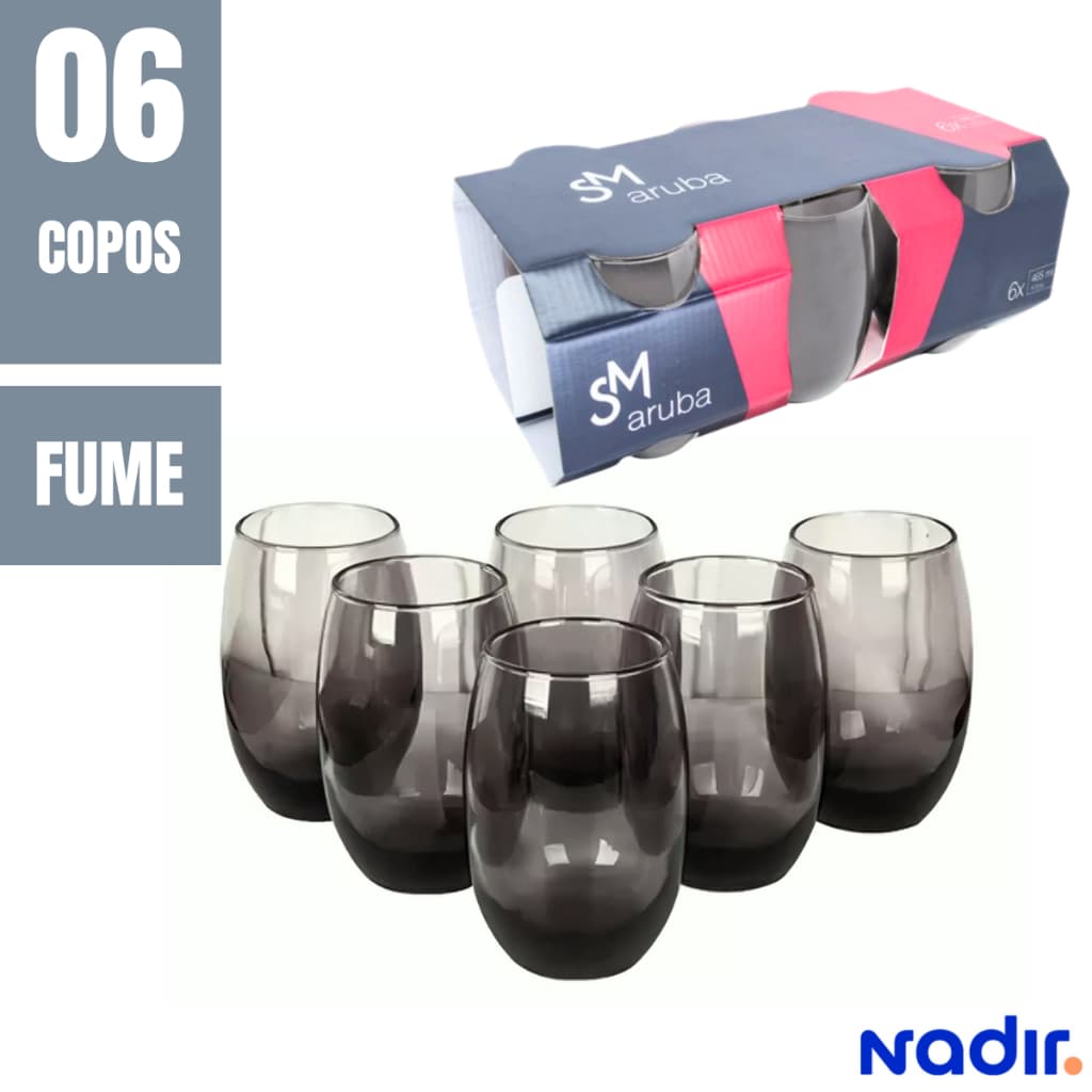 Jogo Copos Aruba Vidro Fume Cinza Multiuso 465ml