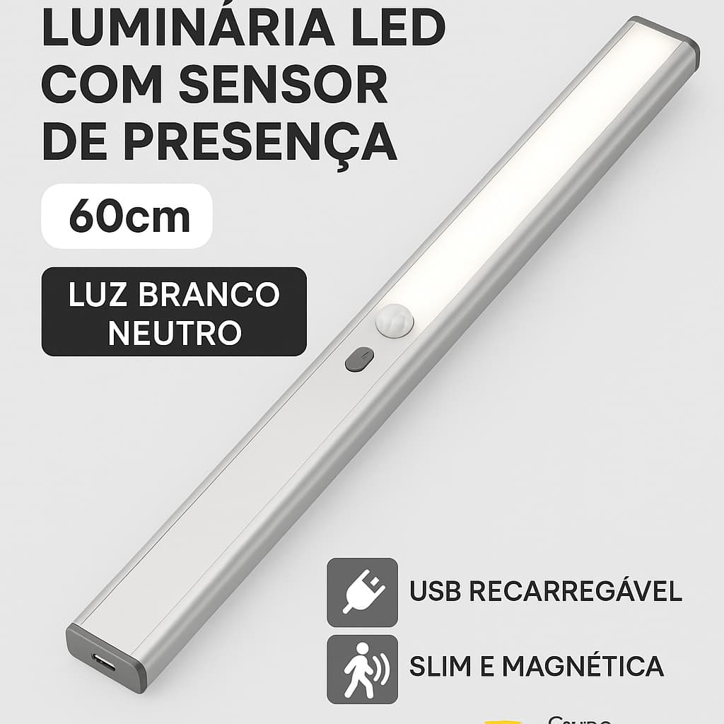01 Luminária Led Para Armário Gavetas com Sensor 60CM 9W 4000k