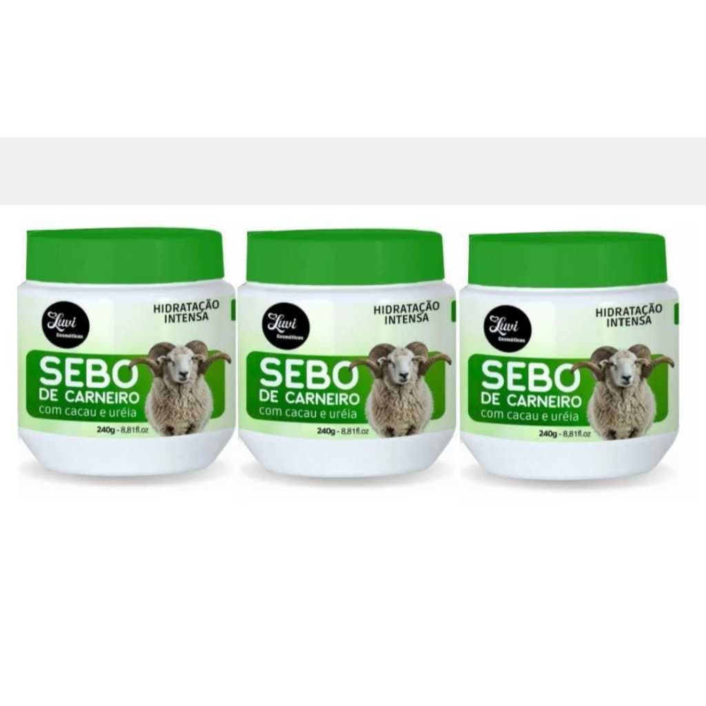 Kit com 3 unidades de Creme Hidratante Sebo de Carneiro com Cacau e uréia 240g Luvi