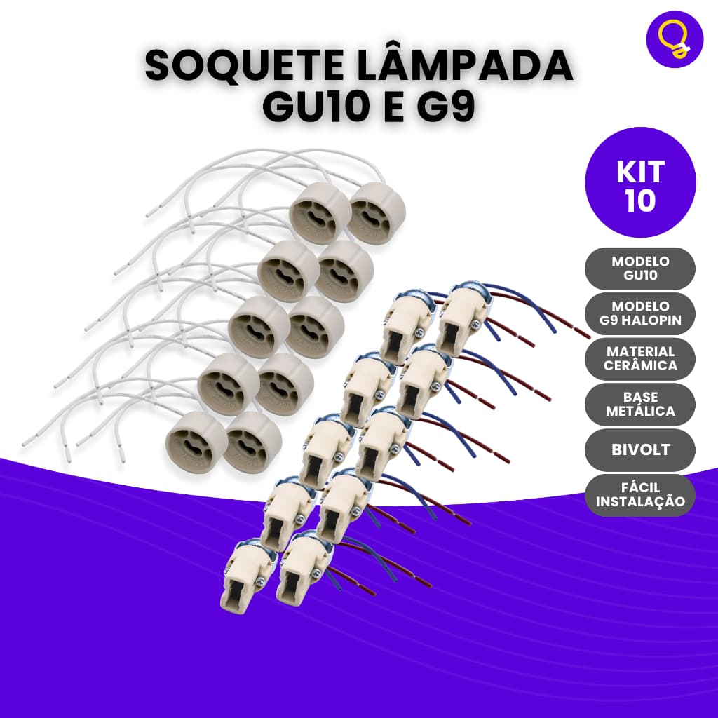 Kit 10 Soquete G9 Com Base Metálica ou Gu10 Para Lâmpada Tomadinha Led Bivolt Com Rabicho