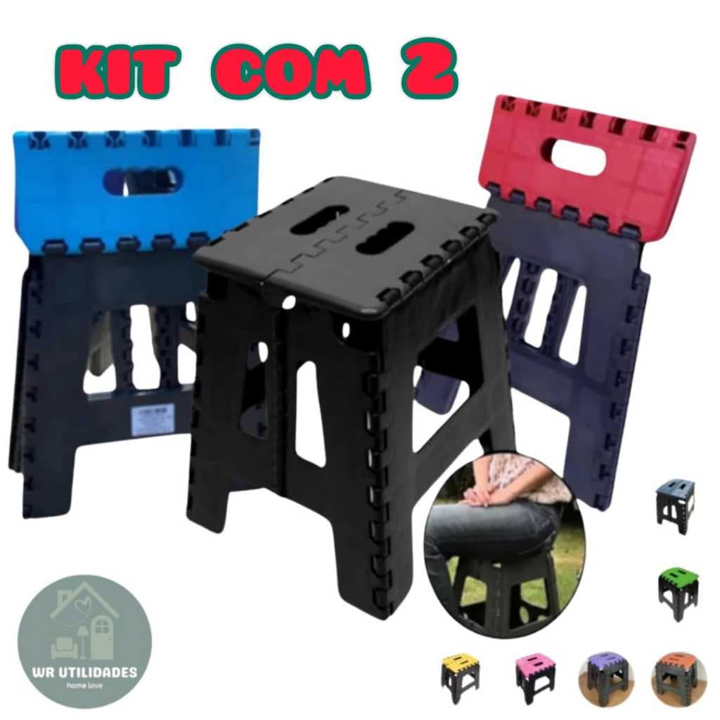 2 Banco Dobravel Banqueta Banquinho Portatil Plastico Multiuso Resistente Compacto Retratil Camping Pesca ate 100 kg