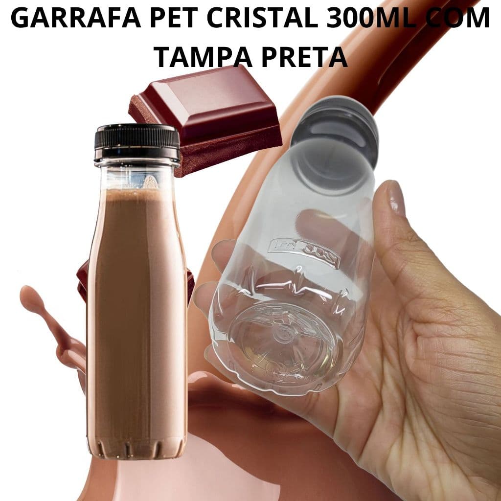 GARRAFA PET CRISTAL 300ML COM TAMPA PRETA 10 UNIDADES IDEAL PARA DELIVERY, SUCOS, ACHOCOLATOS, LEITE ETC