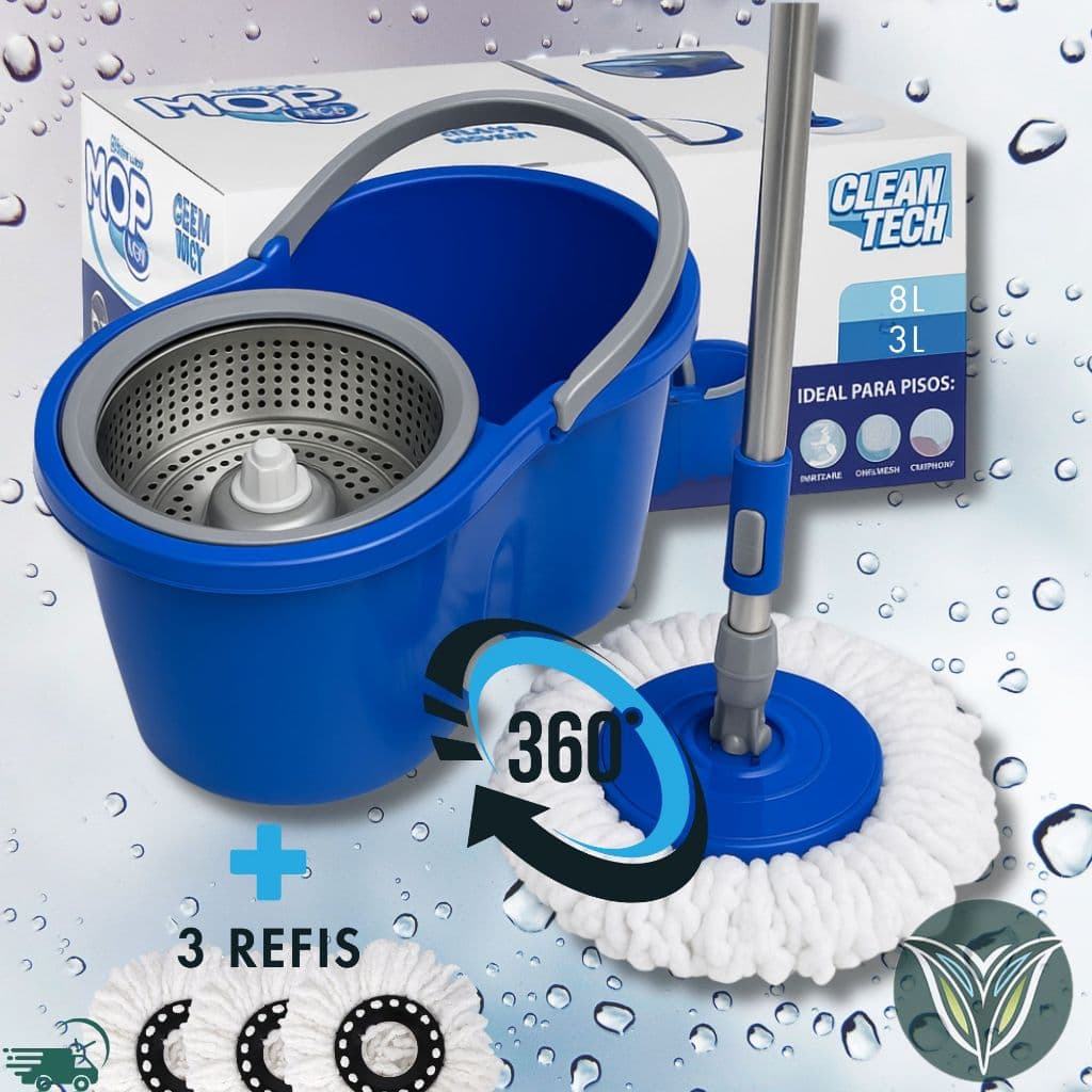 Rodo Flash Mop Balde Esfregão Giratório 360º Alça Profissional Lava e Seca Mágico 8 Litros Circular