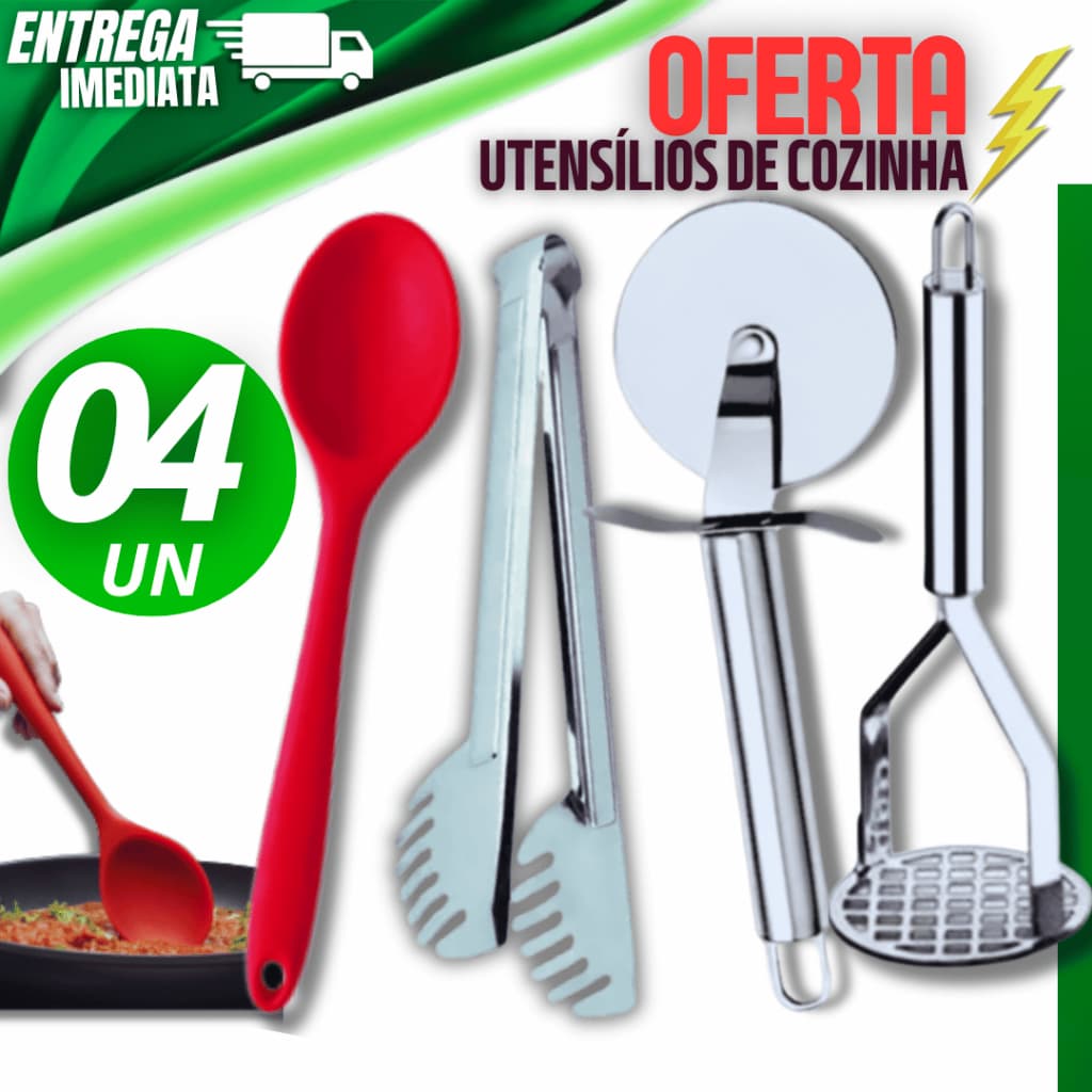 Conjunto 4 Unidades - Colher Silicone Cortador Pizza Amassador Batatas Pegador  Massas Linha Premium