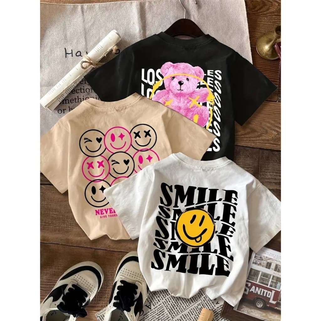 Camiseta Algodão Premium Streetwear Casual Basica Kit 3 camisetas Smile urso rosa Preto Branco Bege
