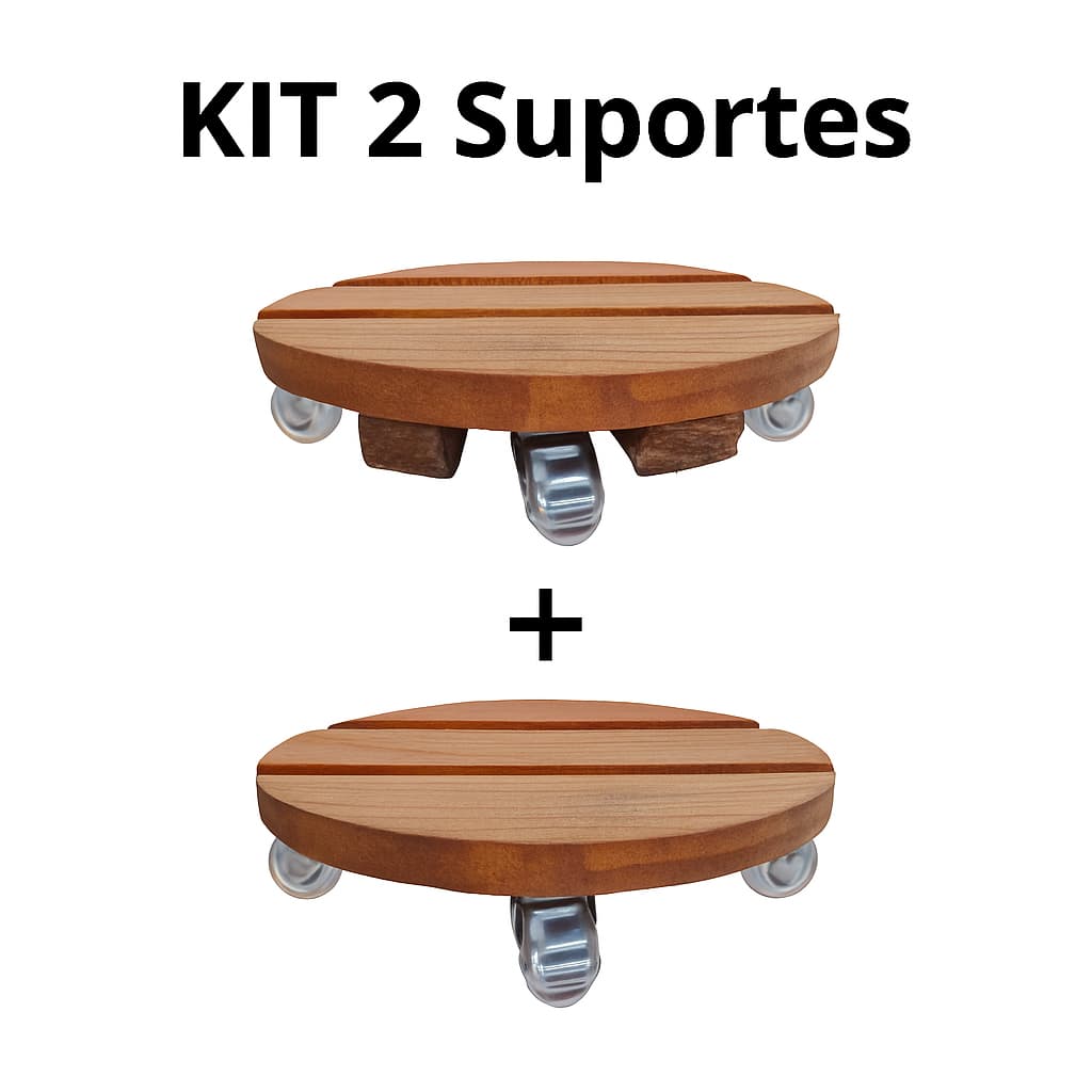 KIT COMBO 2 SUPORTES DE MADEIRA PARA VASO DE PLANTA 25 CM COM RODINHAS DE SILICONE GEL NÃO RISCA PISO