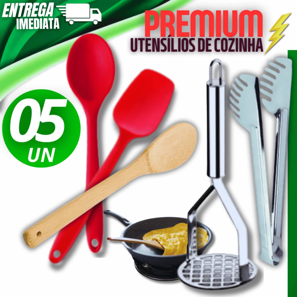 Jogo 05 Utensílios - Amassador Batatas Colher Bambu Espátula Colher Silicone Pegador Massas Multiuso
