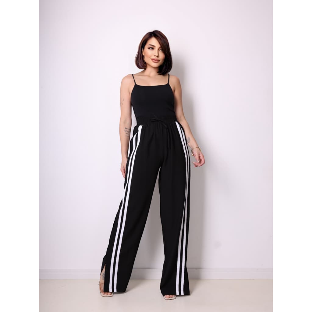 Calças de cintura alta e pernas largas Calça feminina de cintura alta com cordão e fenda lateral #45