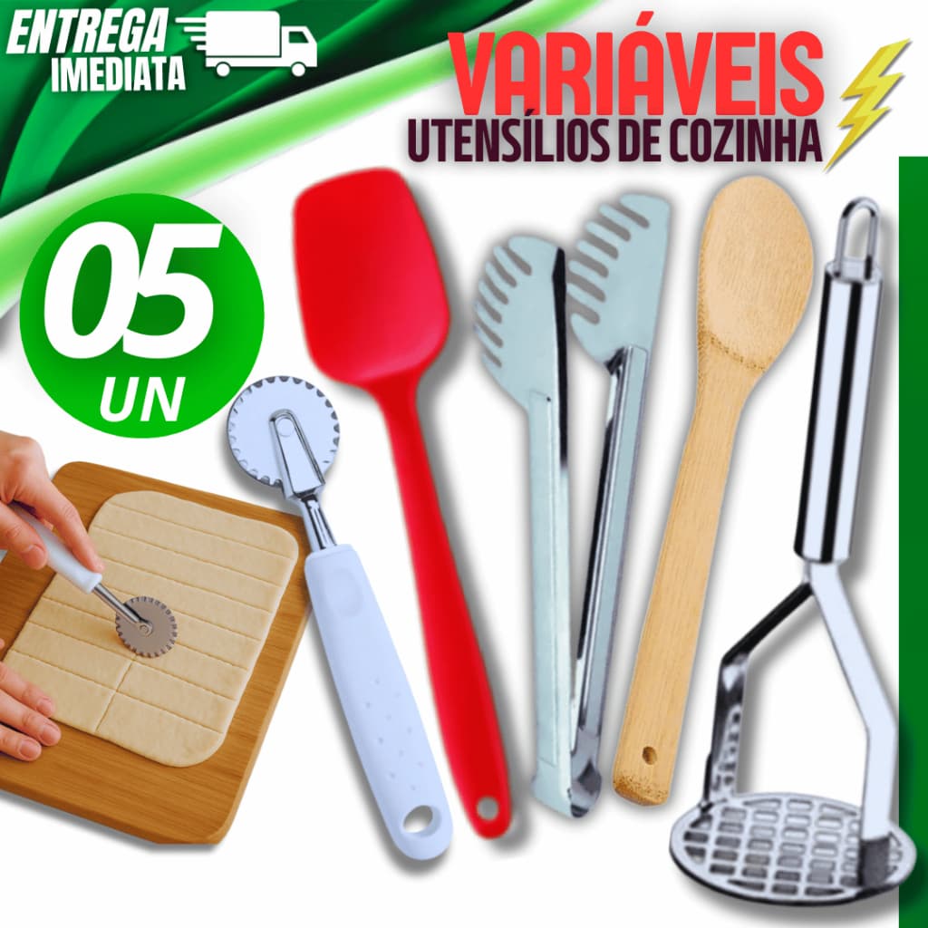 Conjunto 05 Peças - Espátula Silicone Cortador Massas Pegador Colher Bambu Amassador Batatas Premium