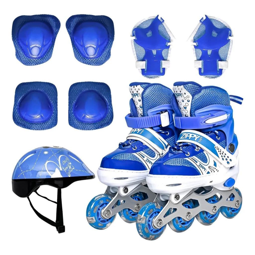 Kit Patins Ajustável N 34 ao 37 InLine Com Acessórios de Proteção 9 Peças Azul e Branco Zippy Toys