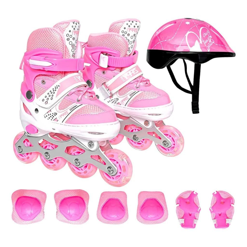 Kit Patins Ajustável N 34 ao 37 InLine Com Acessórios de Proteção 9 Peças Rosa e Branco Zippy Toys