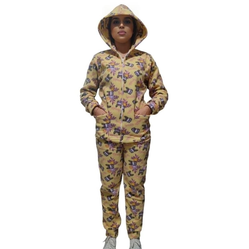 Macacão de dormir pijama de soft feminino com capuz  bolso e zíper frontal