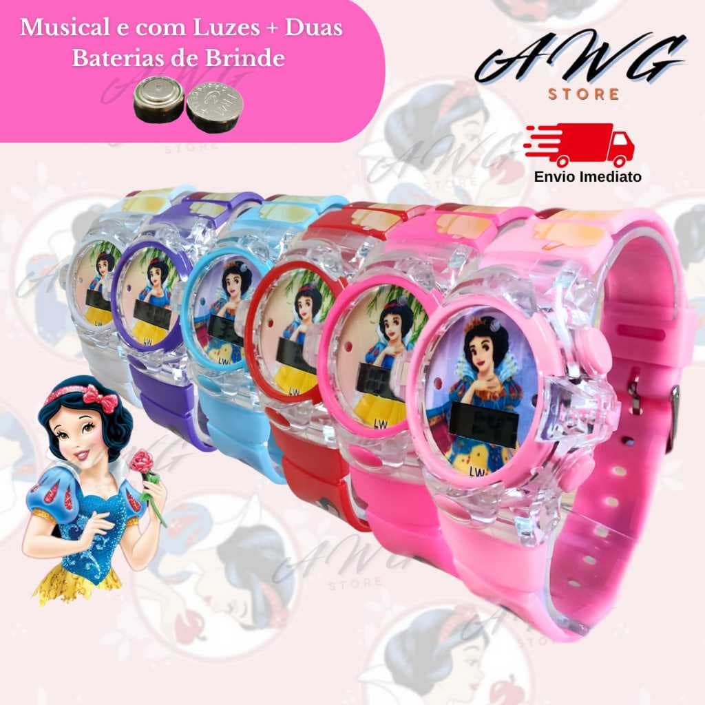 Relógio Infantil Branca de Neve com Música e LED + Bateria Extra