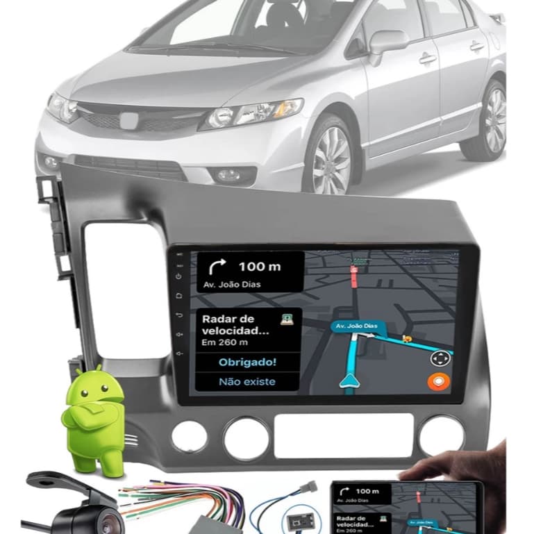 Multimídia 10 Polegadas Civic 2007 até 2011 Android Carplay Espelhamento + Câmera de Ré + Chicotes e Moldura