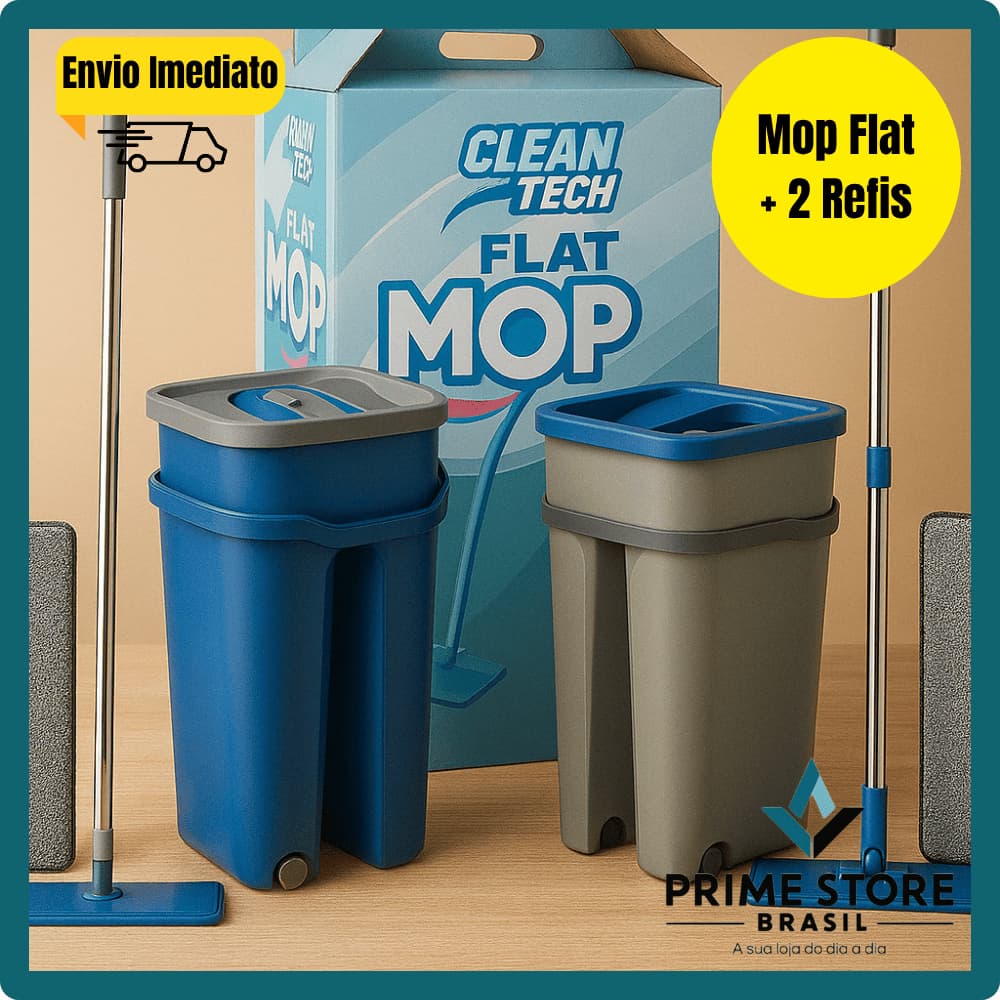 Mop Flat Esfregão + 2 Refis Com Balde Rodo Mágico Lava Seca Tira Pó extensível grande