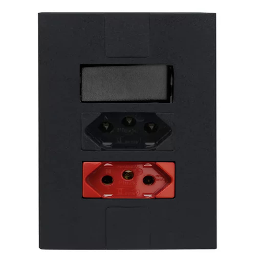 Tomada Vermelha 20a + Tomada Preta 10a + Interruptor Simples Pluzie Preto 4x2