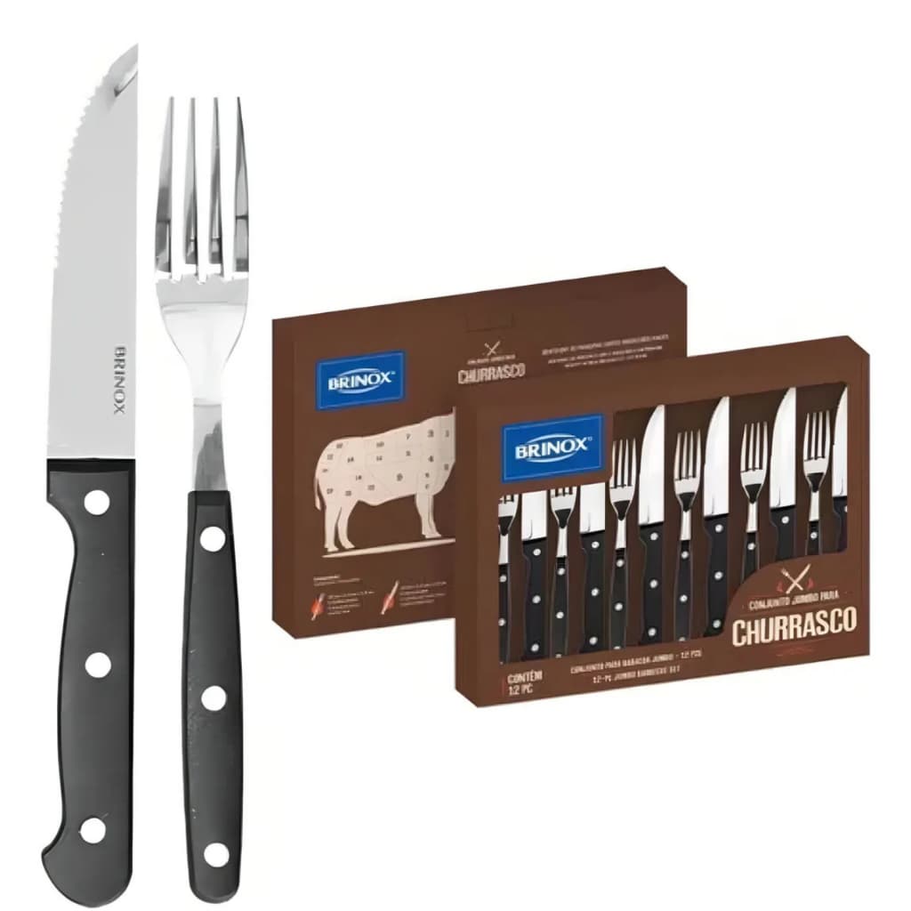 Faqueiro Jogo De Talheres Inox Brinox Jumbo para Churrasco de luxo 12 Peças Garfo Faca