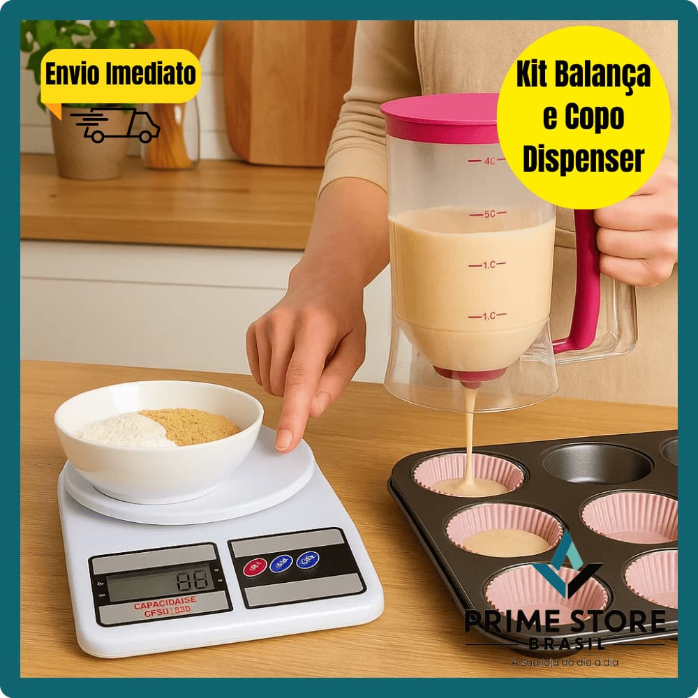 Kit Copo Dispenser Dosador de Massas 900ml + Balança De Cozinha Digital 10KG Cupcake Panqueca Waffle