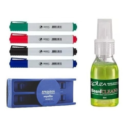 Caneta Kit 4 Cores + Apagador Duplo + Limpador Para Quadro Branco