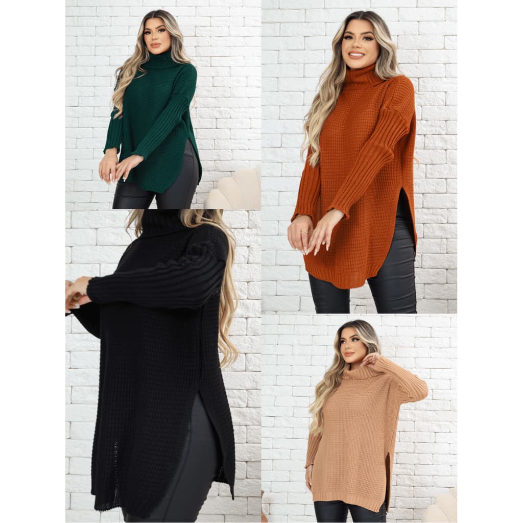ZAVA Camisola Tricot de Gola Alta e Fendas Laterais