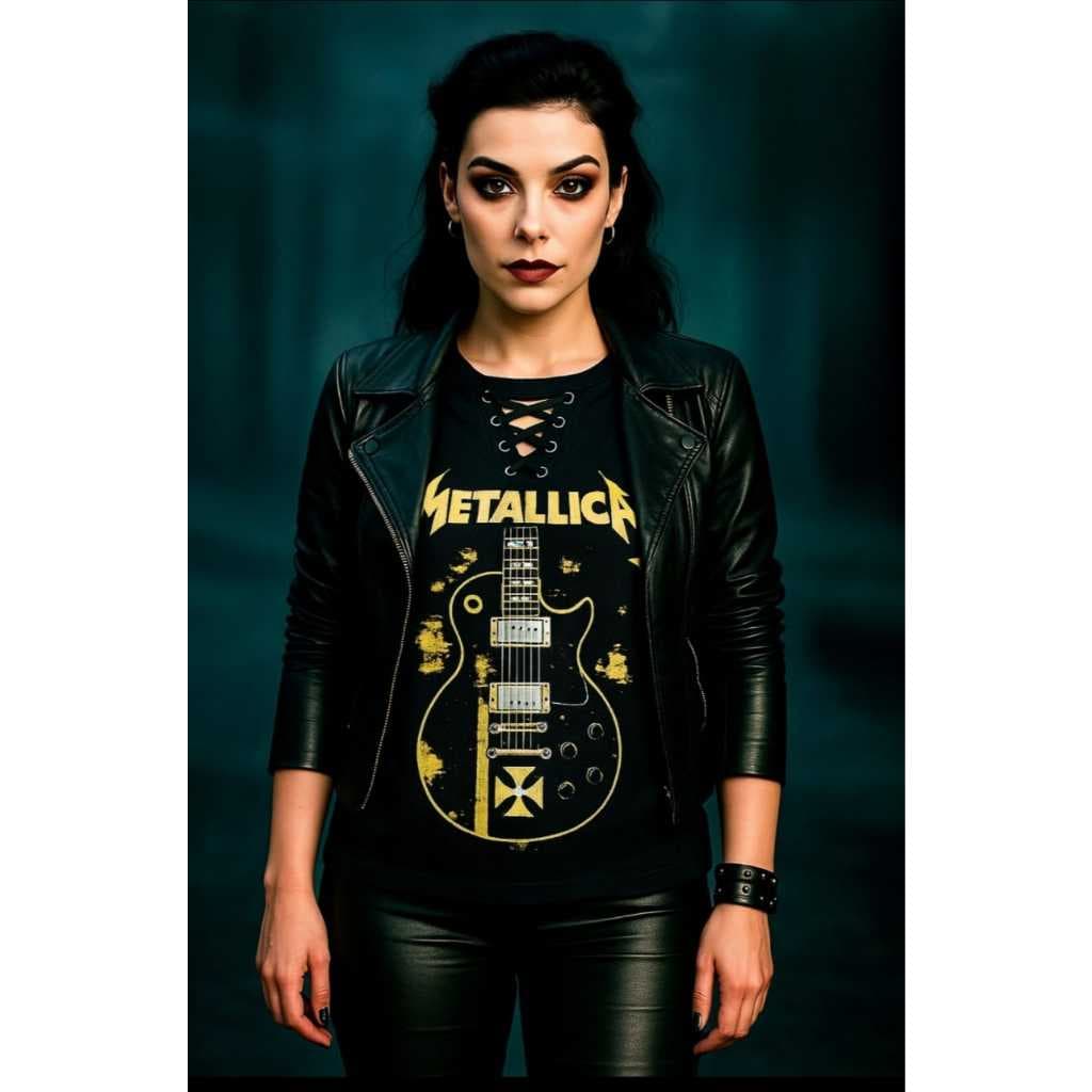 Blusa Feminina de Rock –METALLICA  Viscolycra Premium, manga japónesa gola v com ilhos