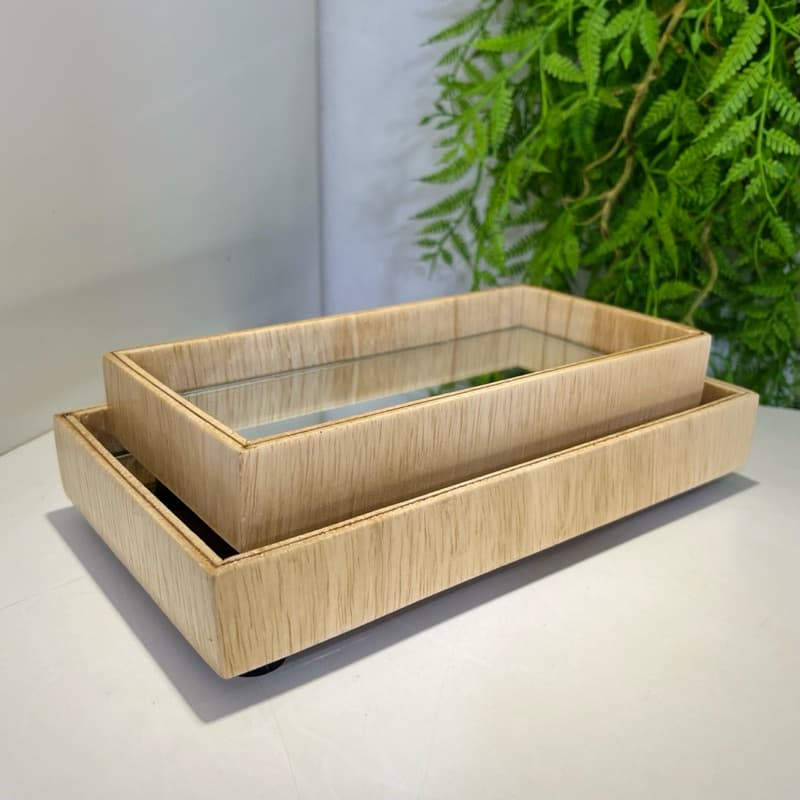 KIT BANDEJA DE MADEIRA RETANGULAR CLARA - Decorativa Espelho Decoração Aconchegante Organizadora