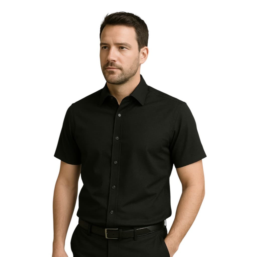 Camisa manga curta slim fit masculina social preta super elegante acabamento de qualidade imperdível