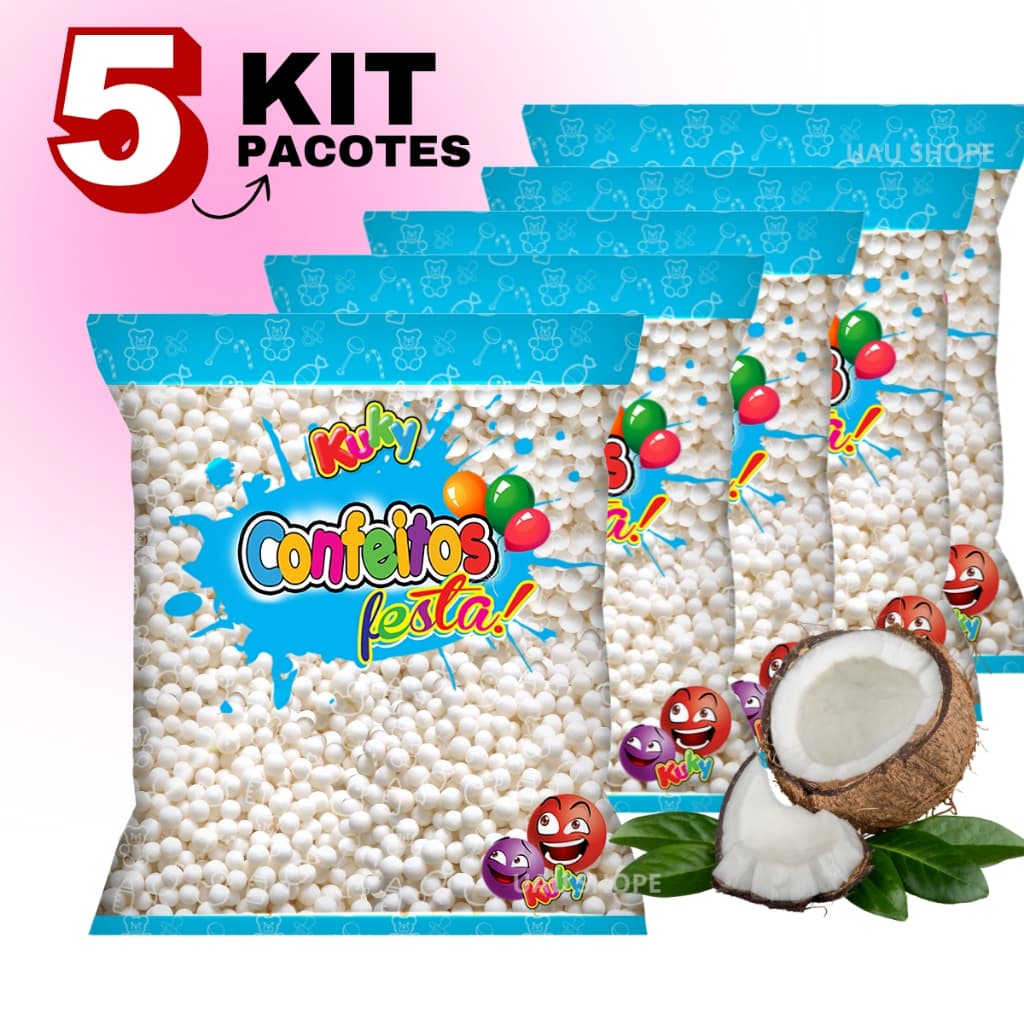 Kit 5 Confeito Perolas Bolinhas Festa 500gr Kuky - Coco (branco)