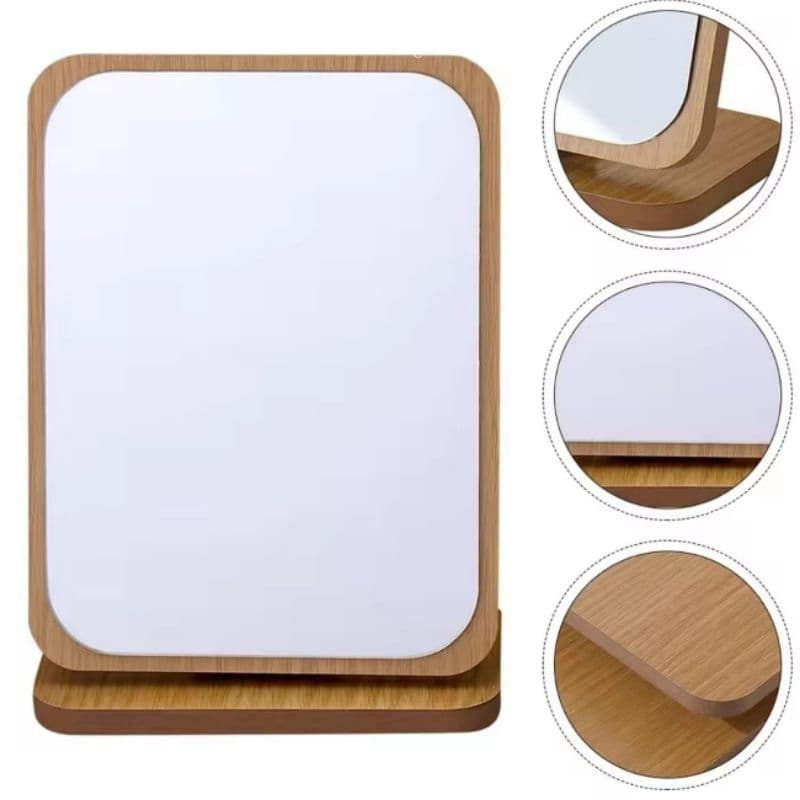 Espelho de Mesa com Base de Madeira Natural, Portátil, Maquiagem, Penteadeira, Decoração Elegante