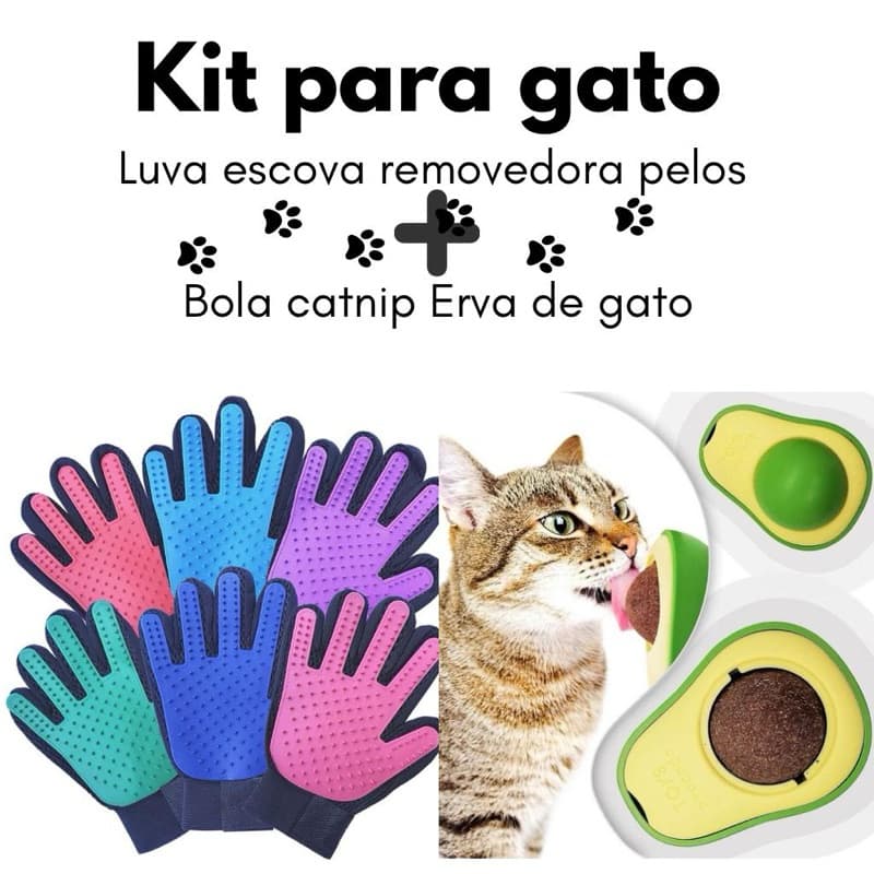 Kit Pet Gato Luva Escova Removedora de Pelos + Bola Catnip Erva Natural Anti Estresse