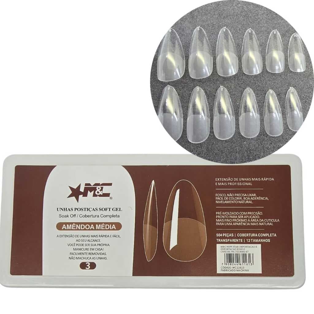 Kit Unhas Postiças 504 Peças Soft Gel Amêndoa Média Luxo Lançamento - M&C