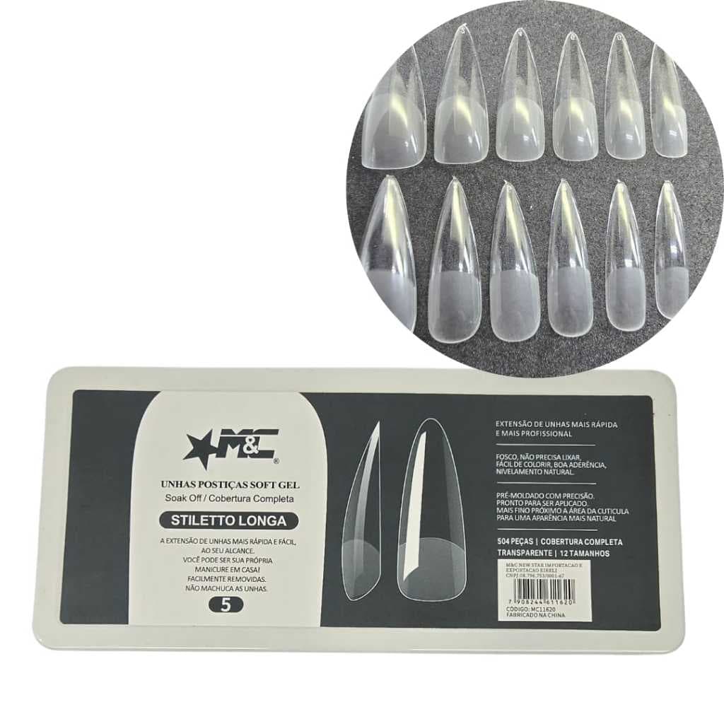 Kit Unhas Postiça 504 Peças Soft Gel Stiletto Longa Luxo Lançamento - M&C