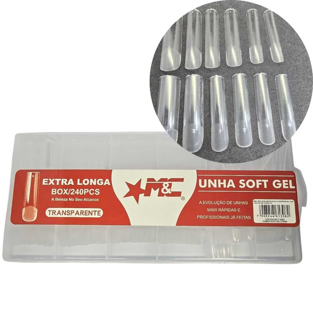 240 Unhas Soft Gel Extra Longa M&C Transparente Profissional