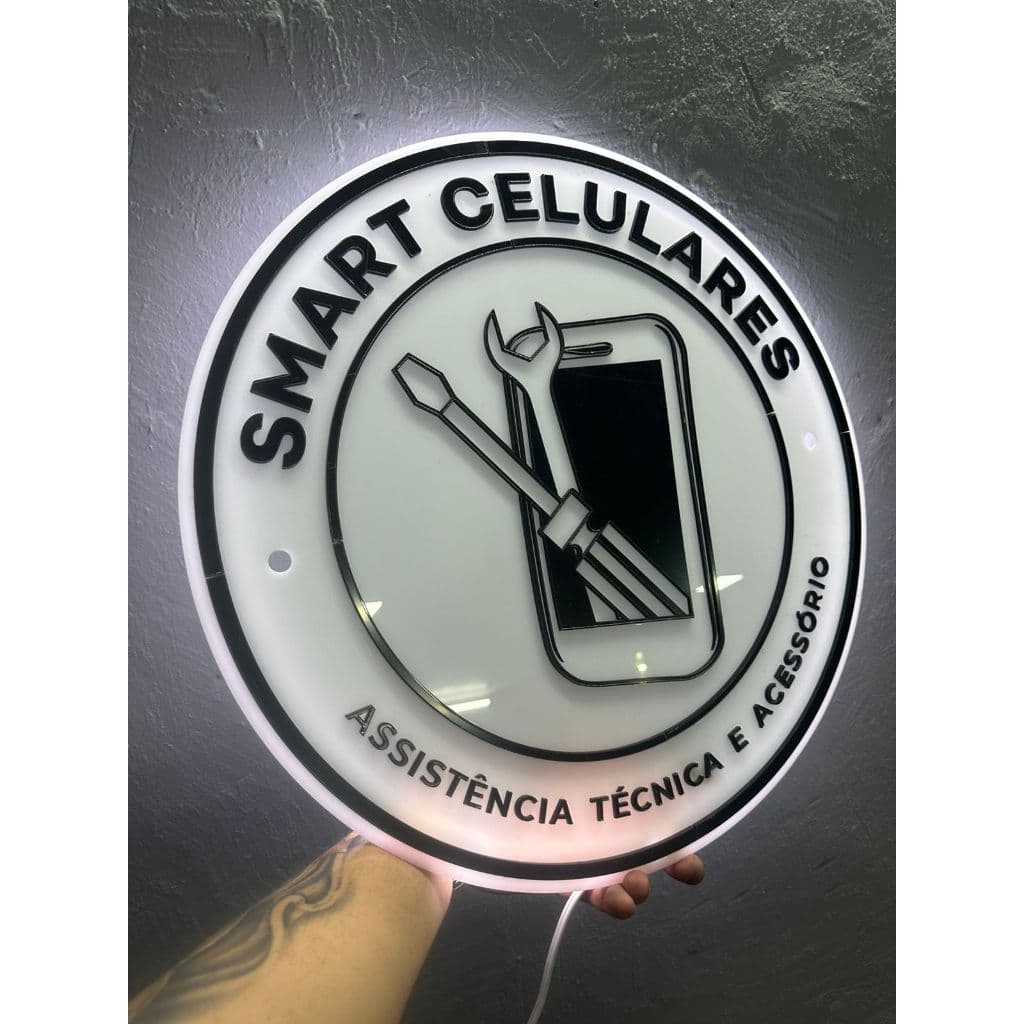 Logo em Acrílico Espelhado c/ Led - 30x30cm Redondo | Logomarca em Acrílico 2mm