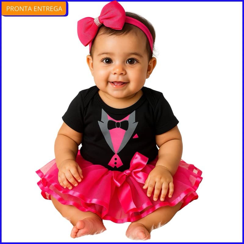 Body Temático Bebe infantil Menina Mesversário Poderosa Chefinha+Laço+Tule