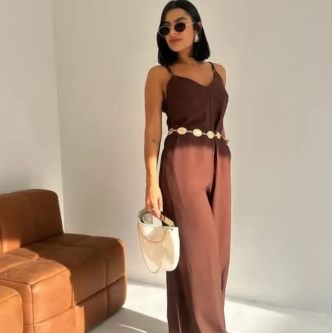 Macacão Pantalona Longo Femenino Alça Regulável Elegante ziper nas costas Alfaiataria