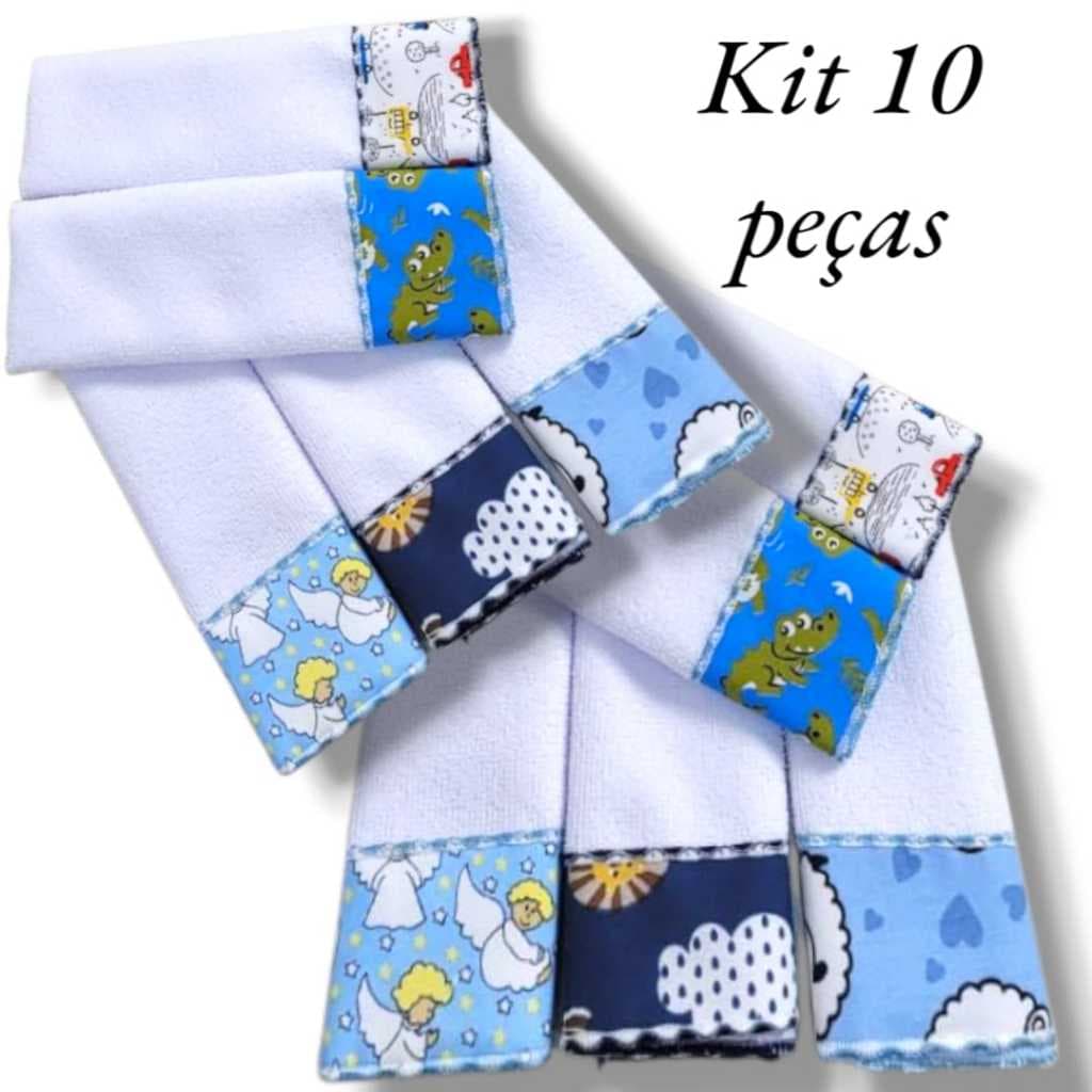 Kit Toalha Ombro e Boca Babete 10 Unidades Overlocado e Tecido Com Estampas Variadas Muito Macias