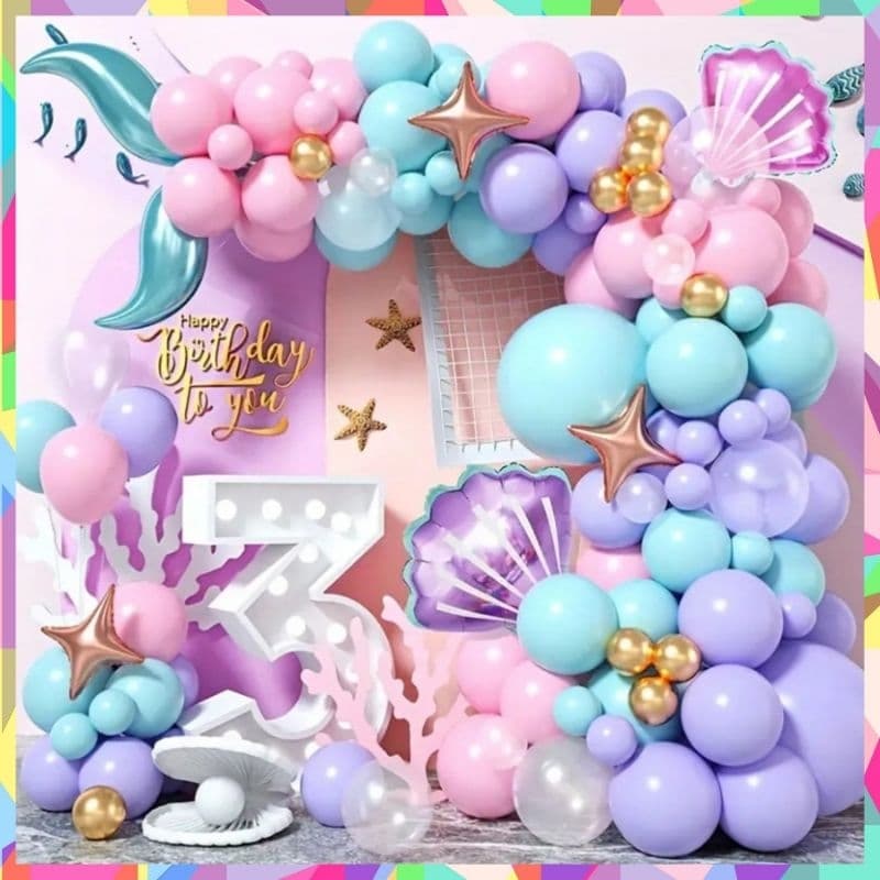 Kit Arco Balões Sereia Conchas Fita+cola balões fundo do mar balões calda de sereia kit festa premium sereia 99