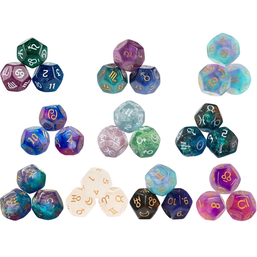 Kit 3 Dados De 12 Lados P/ Leitura Astrologia Tarot Signos