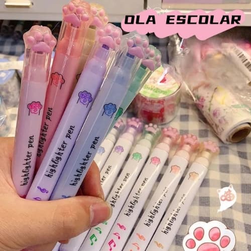 Kit de 6 peças Marca texto ponta dupla cores pastel e neon patinha fofa