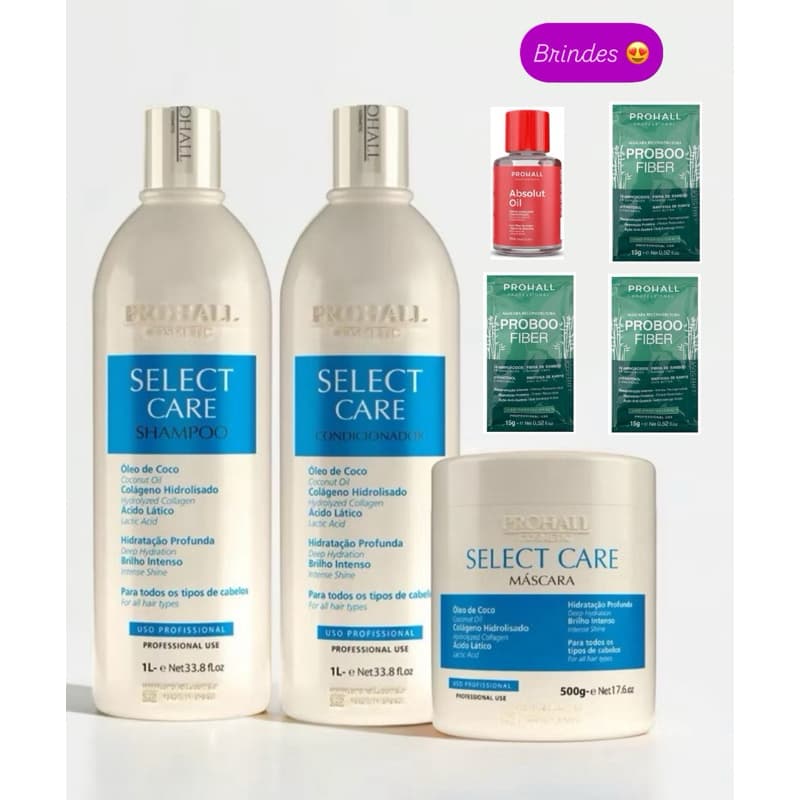 Kit Prohall Select Care 1L Tratamento Pós Química + 3 Sachês Hidratação + Óleo Reparador de Pontas Sérum Absolut Oil 7ml