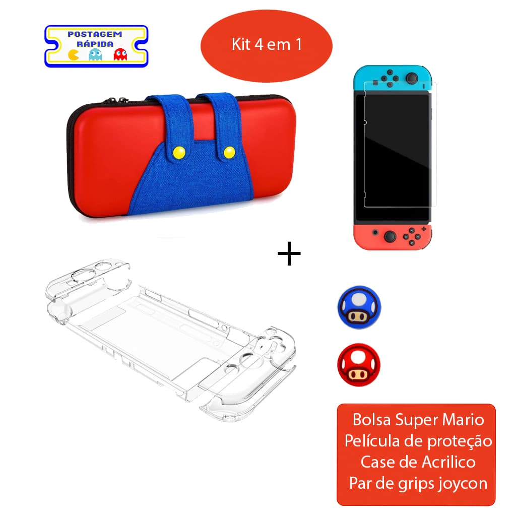 Kit 4 em 1 Nintendo Switch , Oled e Lite – Bag Mario + Case Acrílica + Película + Par de Grips