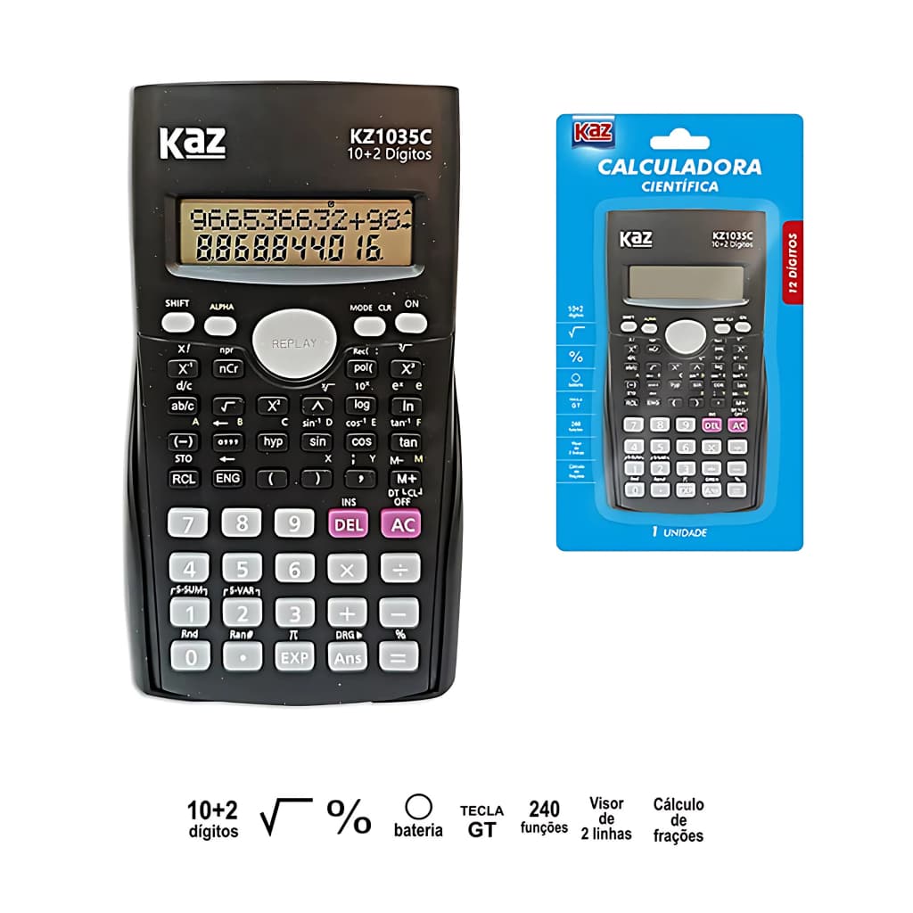 Calculadora Científica Kaz KZ1035C 12 Dígitos +240 Funções Escolar Faculdade Concurso