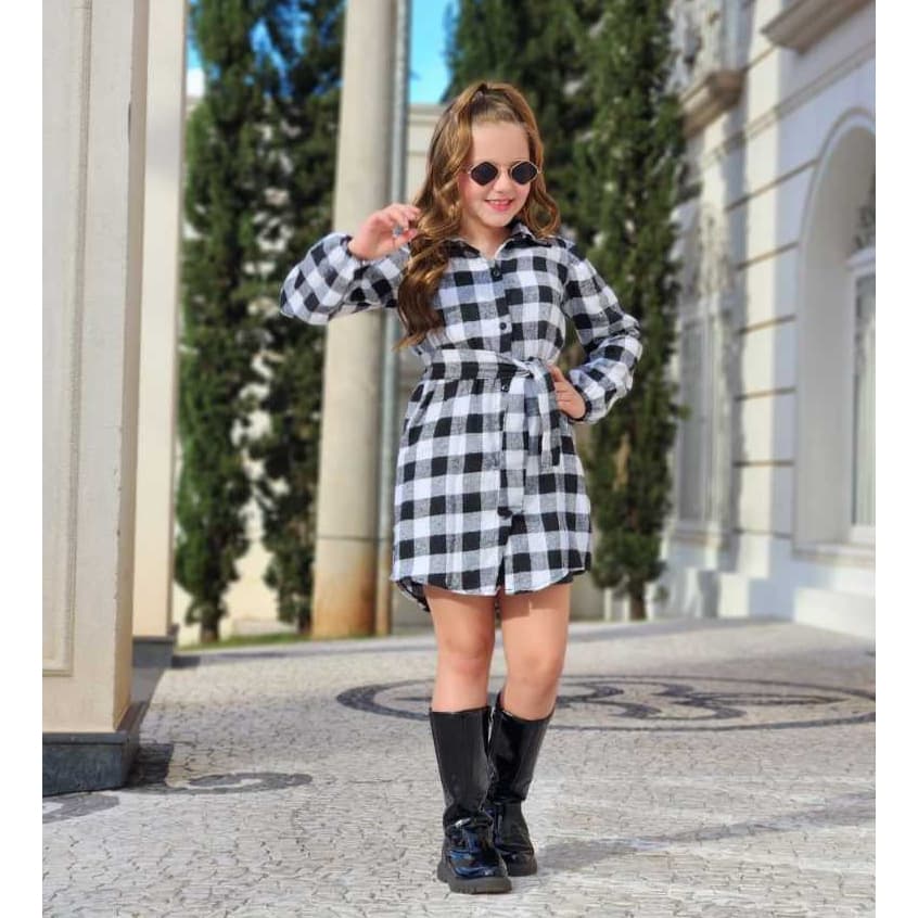 Vestido xemise Infantil Juvenil Xadrez Flanelada Com Cinto
