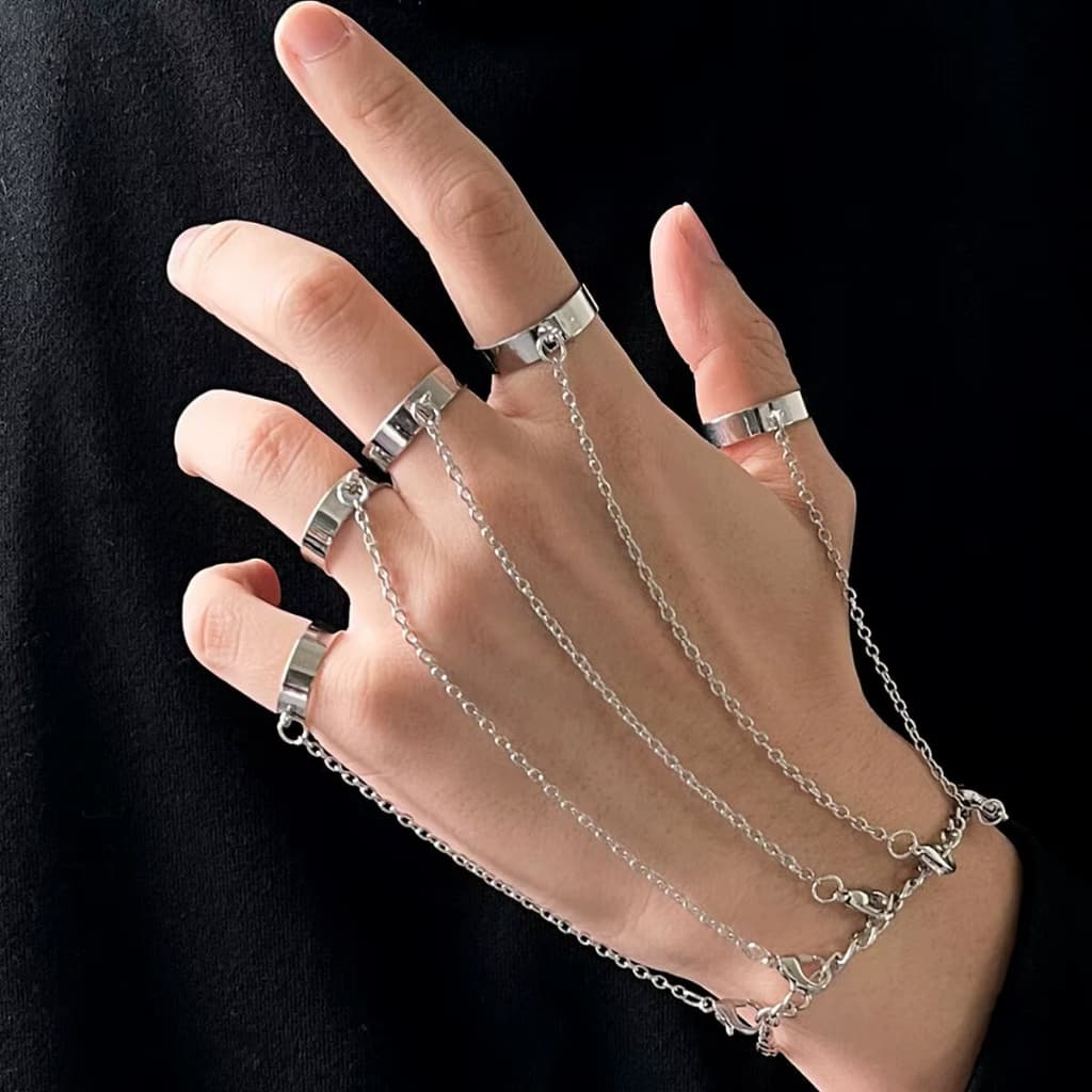Conjunto Pulseira Algema + 5 Anéis Ajustáveis Prata Fashion Arabia