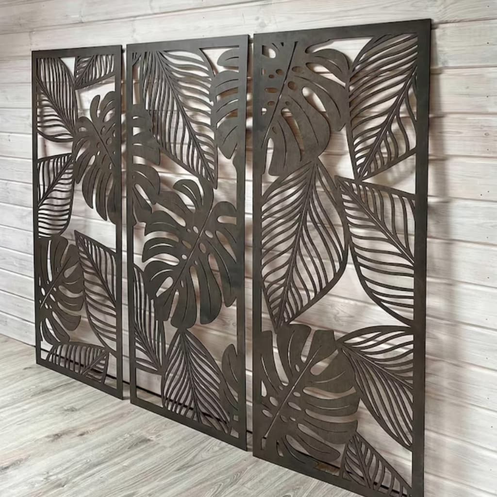 Quadro Decorativo 3 Peças Painel Vazado de Folhas Tropicais em MDF 3mm