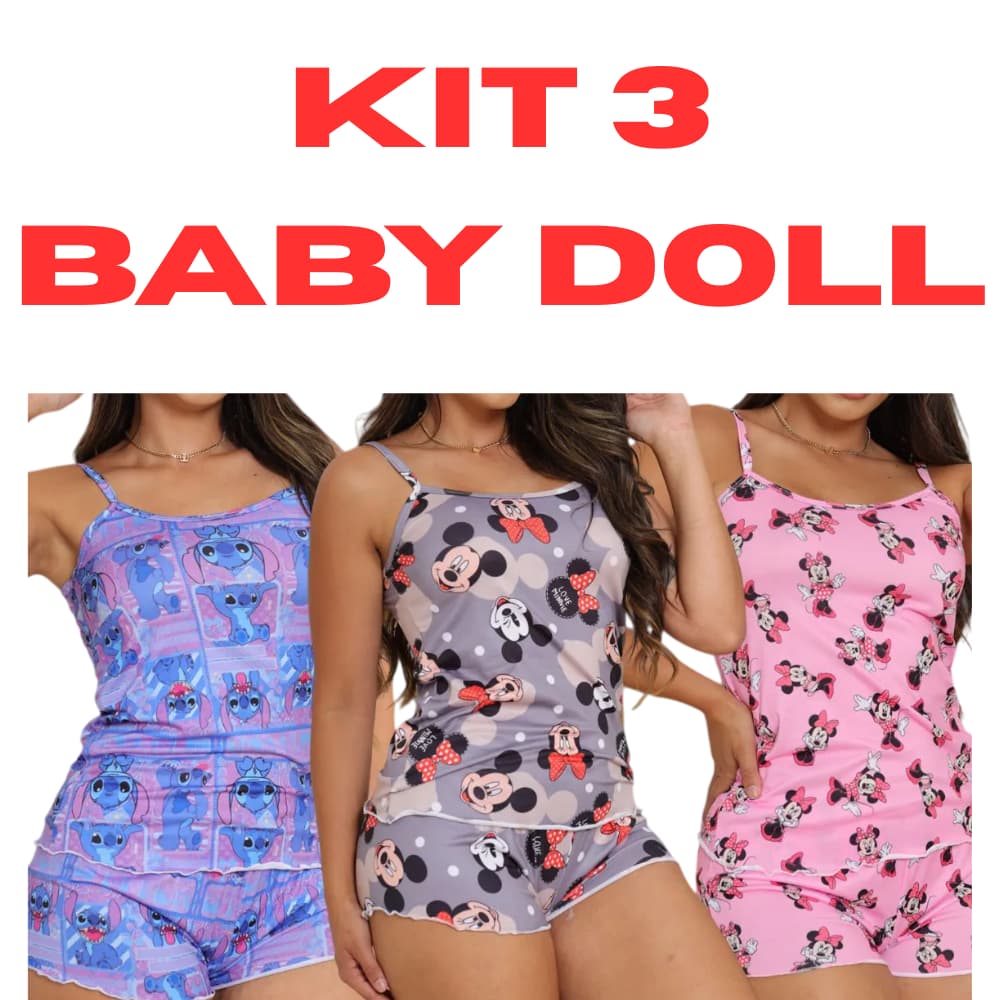 Kit 3 Conjunto Pijama Baby Doll MICRO Short Doll Estampado Sem Bojo Original Fresquinho