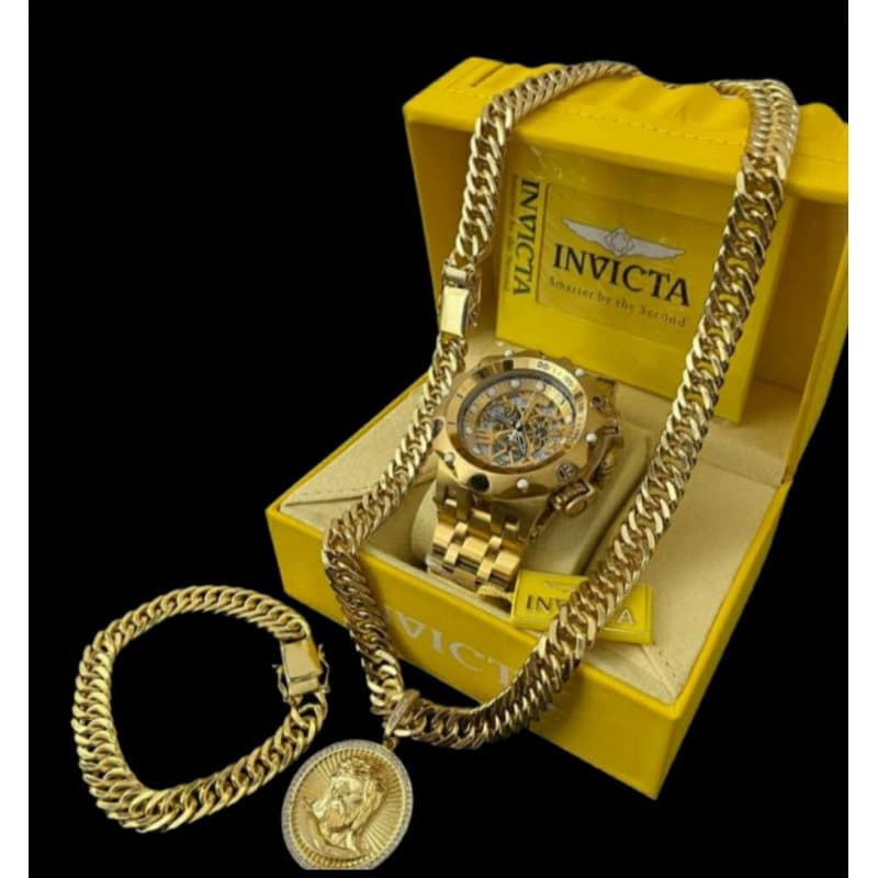 Relógio masculino invicta+conjunto de corrente e puseira o kit completo