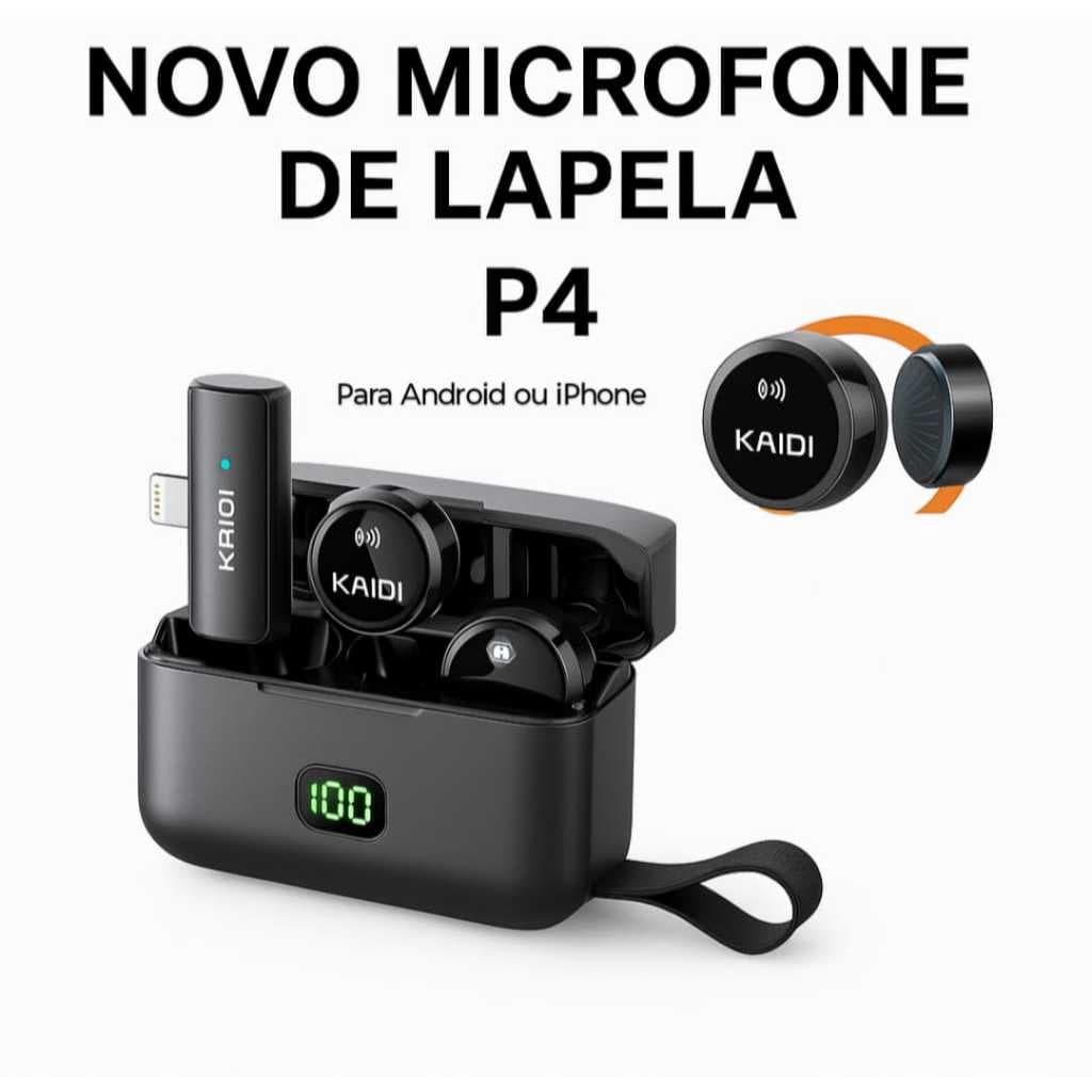 Microfone de Lapela Kaidi P4 Profissional Sem Fio Magnético Para Android ou Iphone