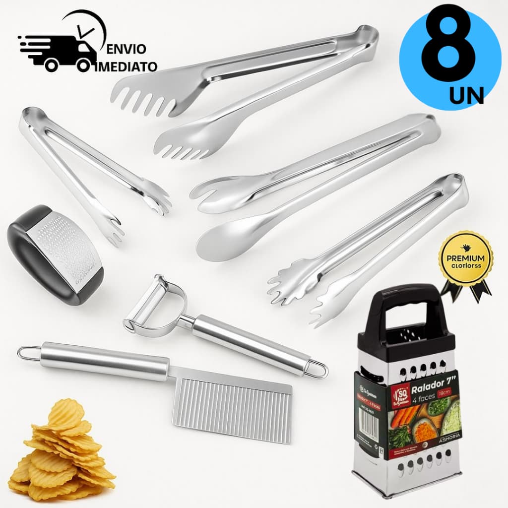 Conjunto com 8 Utensílios em Inox Pegadores Ralador Descascadores Legumes Amassador de Alho